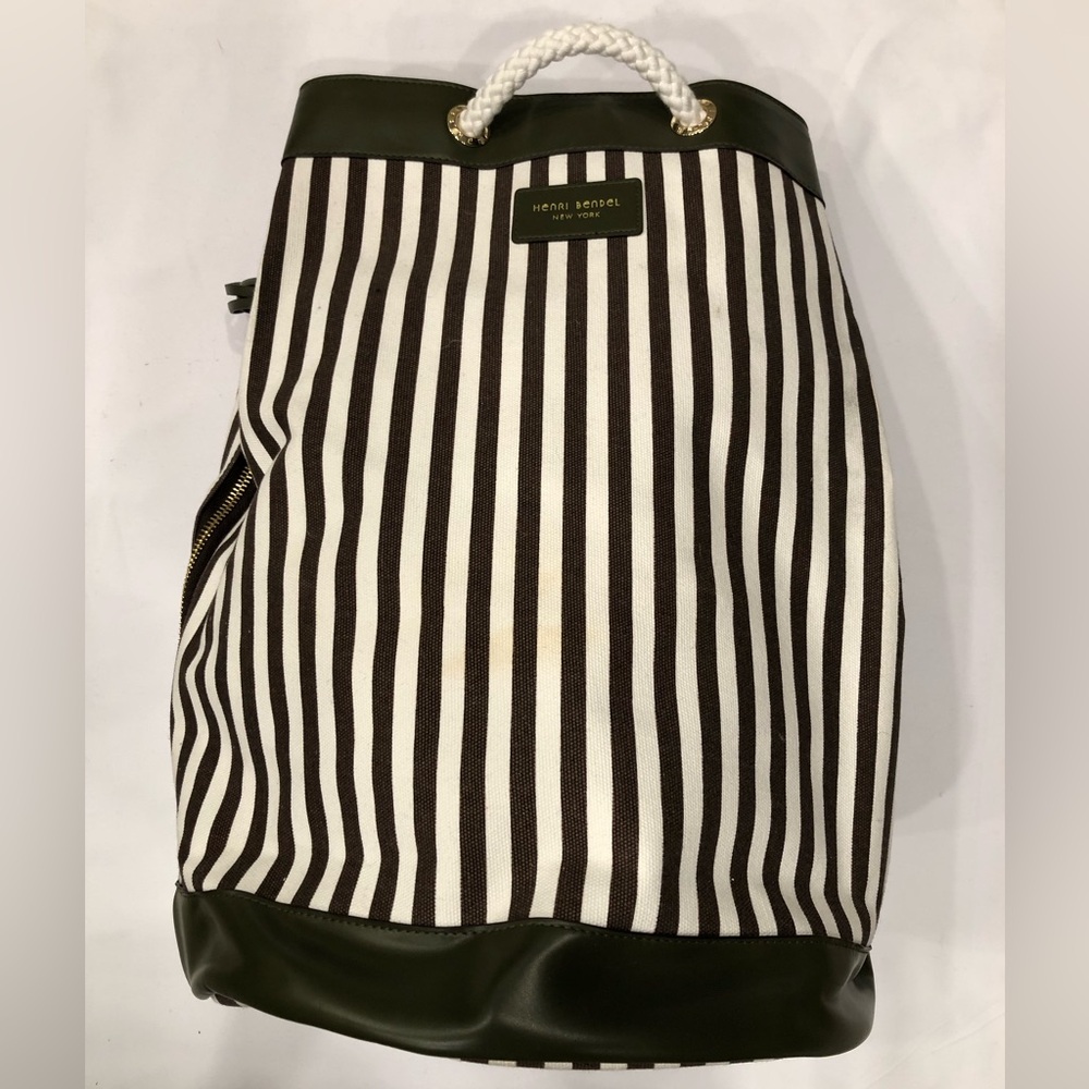 Henri Bendel Vintage Signature Stripe&Moss Green Leather Bucket Backpack Canvas